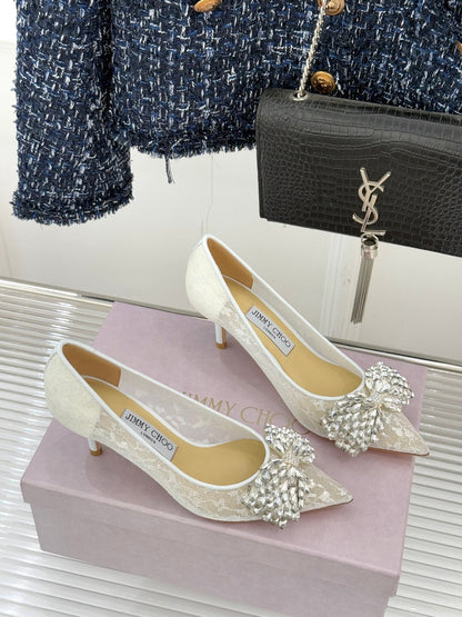 JC25WF Rhinestone Bow Pionted Toe High Heels 65 White Sheepskin 573537