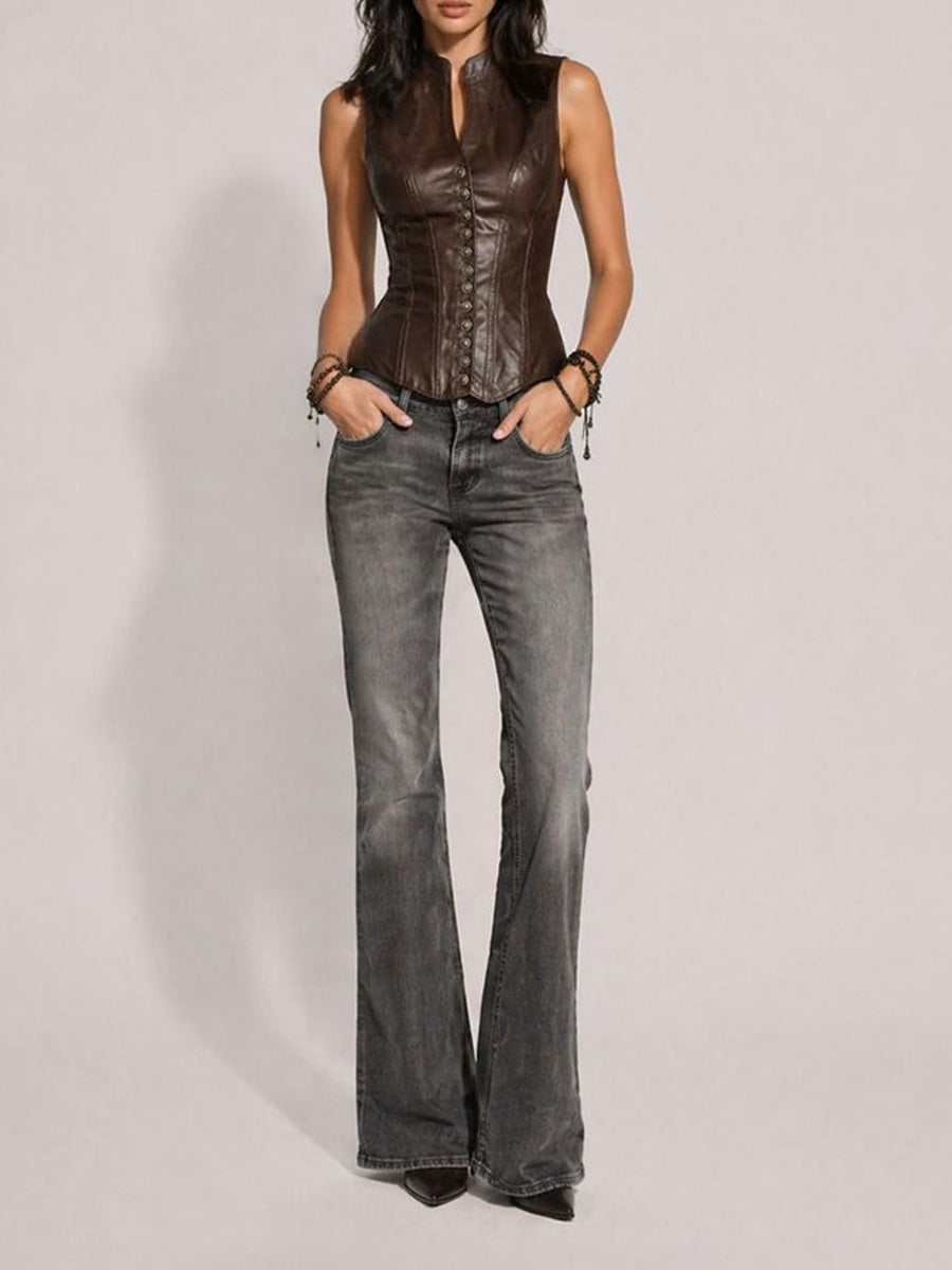 Dahlia Biker-Style Lapel Leather Sleeveless Vest