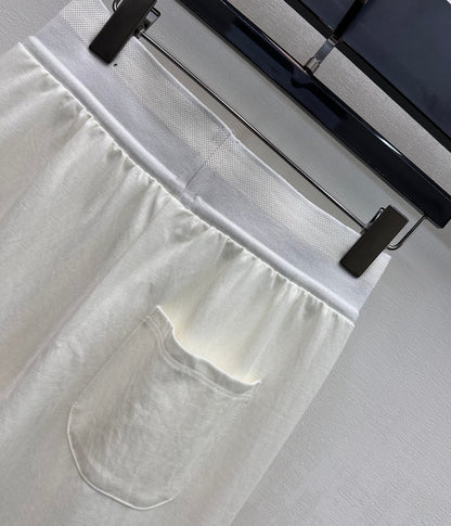 Miu Drawstring Webbing Pants White Tencel Cotton Fabric 350207