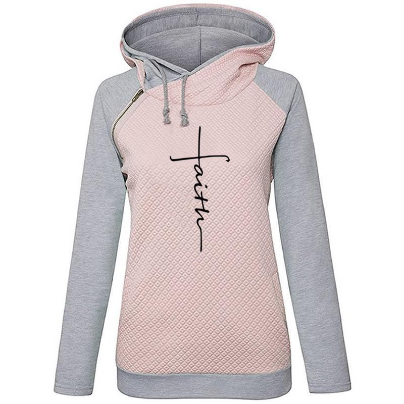 Zipper Long Sleeve Contrast Color Hooded Fleece Women'S Coat Embroidered Sweater