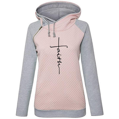 Zipper Long Sleeve Contrast Color Hooded Fleece Women'S Coat Embroidered Sweater