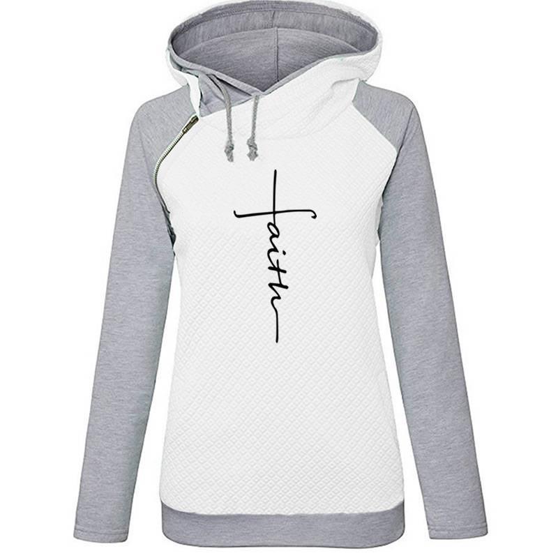 Zipper Long Sleeve Contrast Color Hooded Fleece Women'S Coat Embroidered Sweater