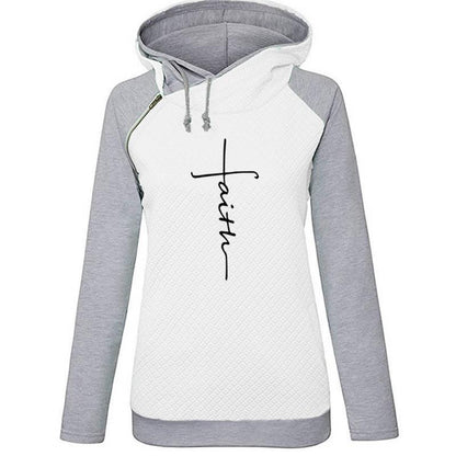 Zipper Long Sleeve Contrast Color Hooded Fleece Women'S Coat Embroidered Sweater