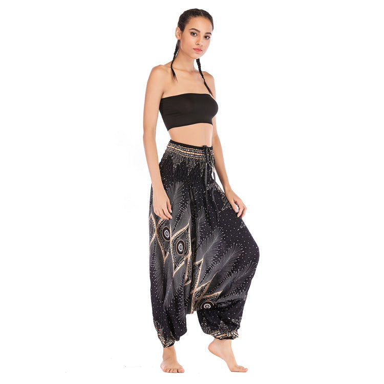 Women'S Summer Cotton Silk Rayon Casual Yoga Pants Beach Folk Style Jumpsuit Pants Casual Pants