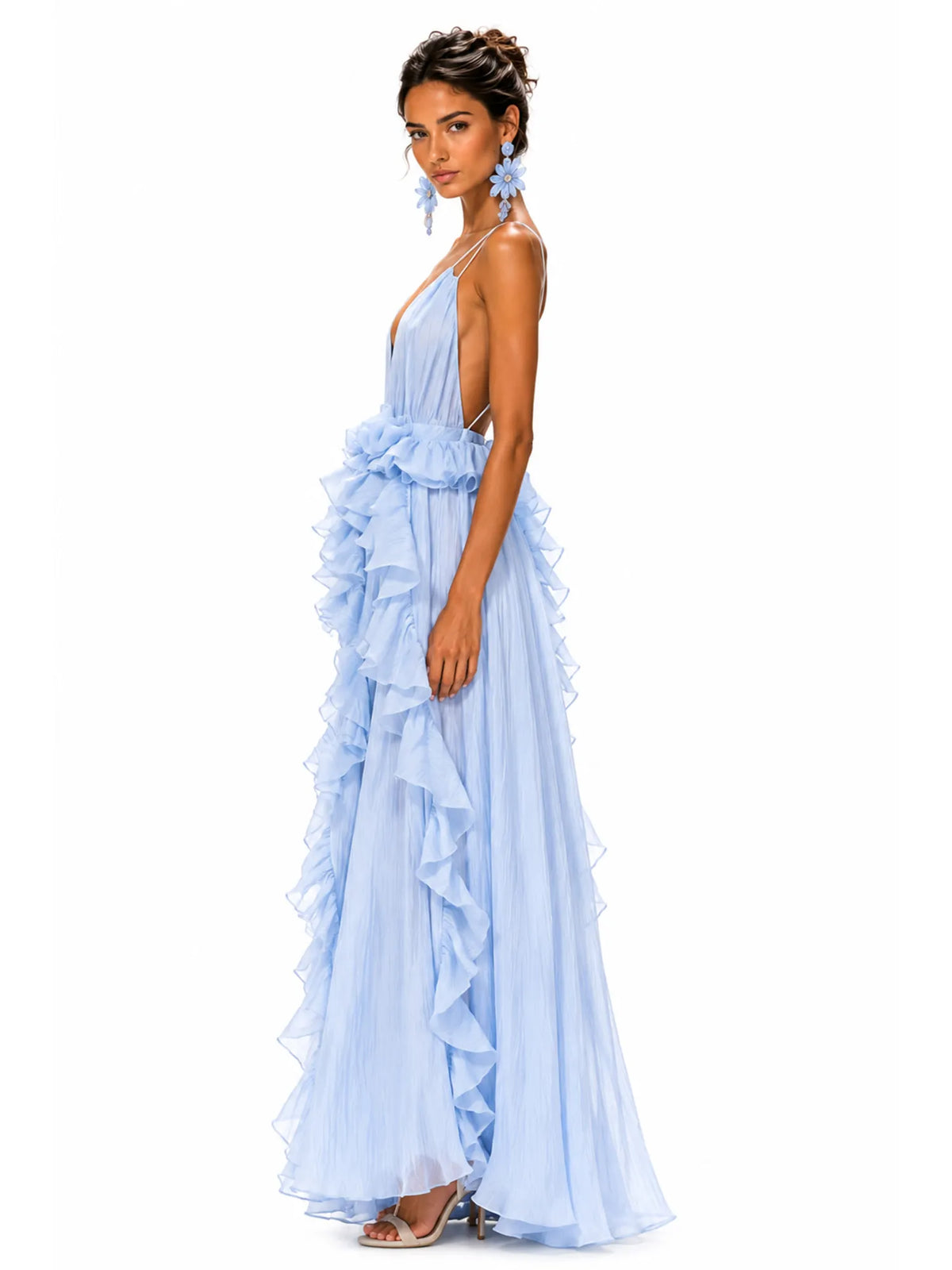 Thea Ruffled Chiffon V-Neck Maxi Dress