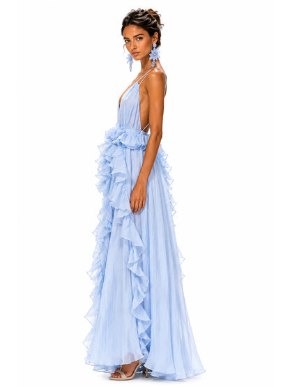 Thea Ruffled Chiffon V-Neck Maxi Dress