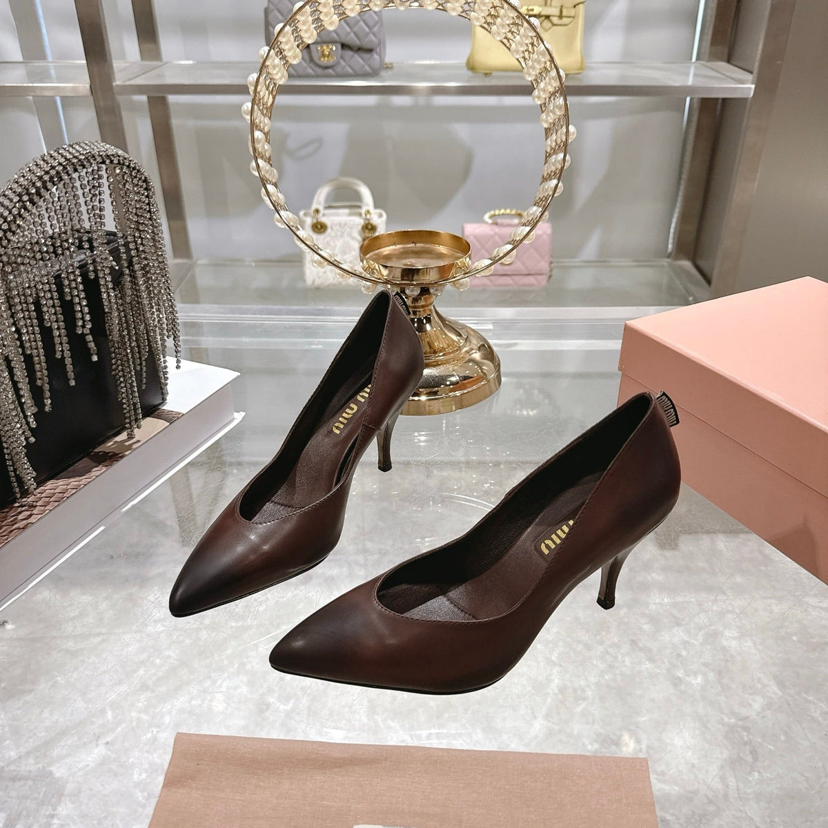 Miu High Heel Pumps Chocolate Brown Sheepskin 592080