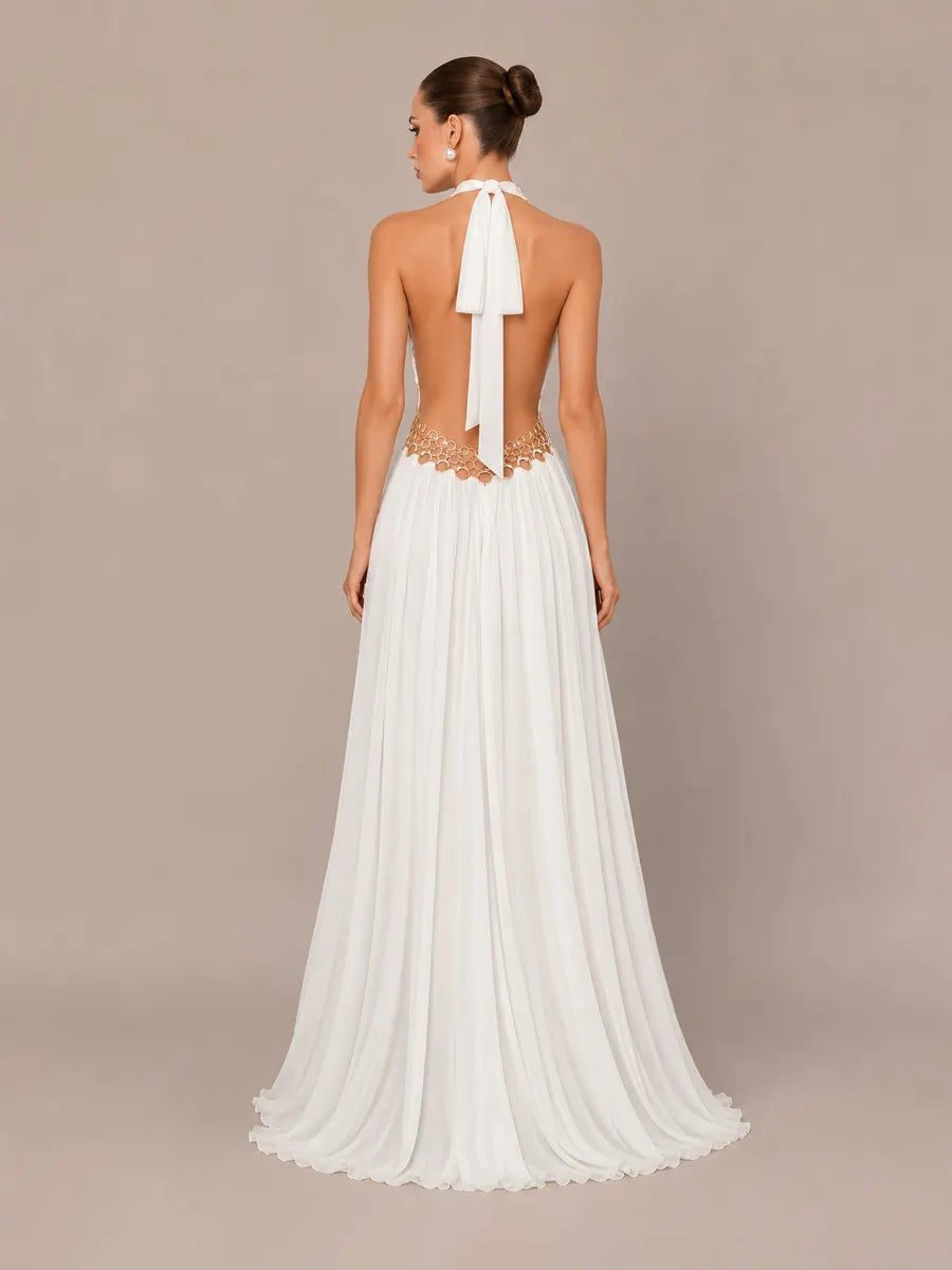 Natalia Handcrafted Deep-V Cut-Out Maxi Dress In White