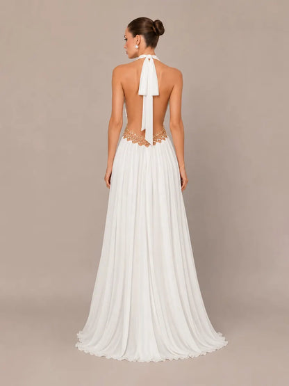 Natalia Handcrafted Deep-V Cut-Out Maxi Dress In White