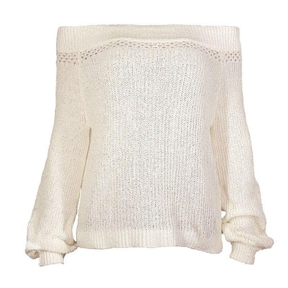 White Off Shoulder Puff Sleeve Autumn Knit Jumper Sweater