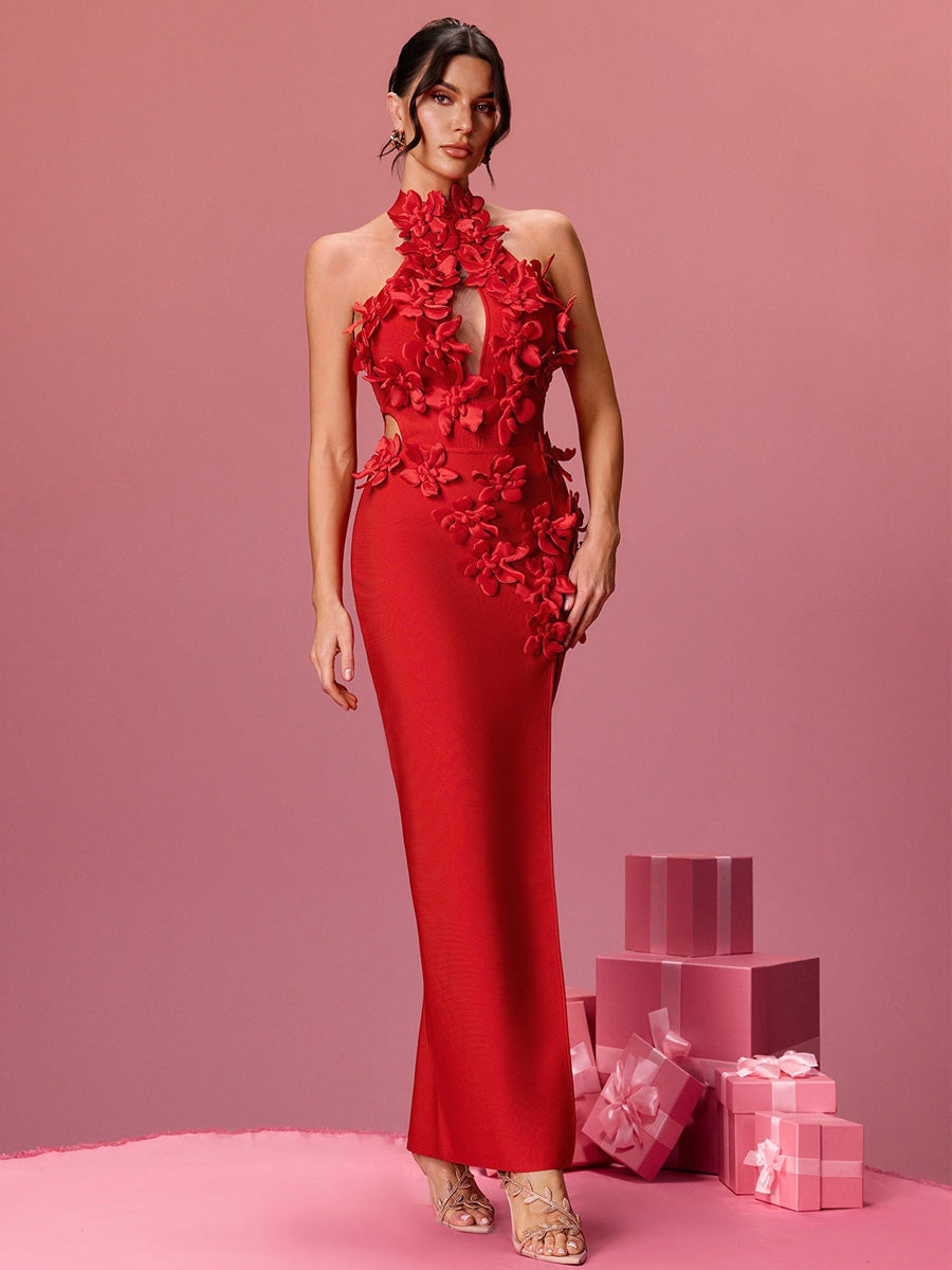 Clara Halterneck Flower Bandage Maxi Dress