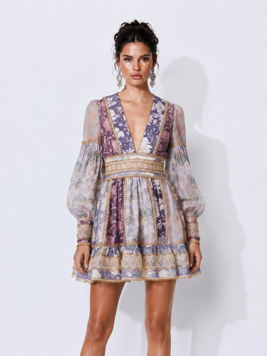 Carmen Lace-Panelled Printed Long-Sleeve Mini Dress