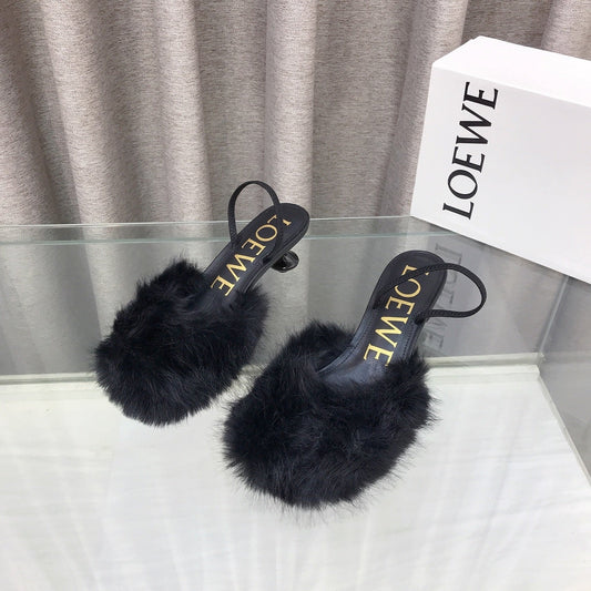 Loewe 25SS Fur-lined Mule 60 Black in Fox Fur 597435
