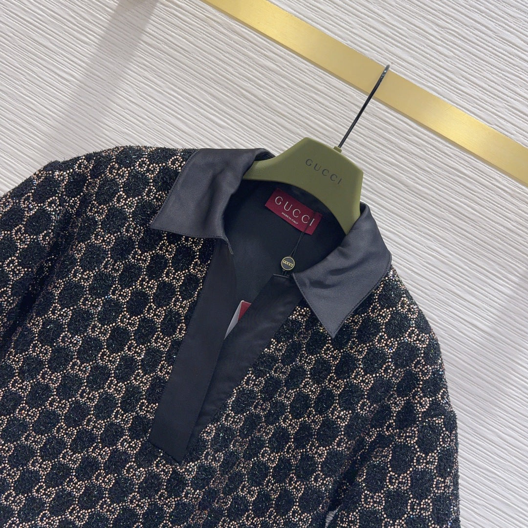 GG Embroidered Lamé T Shirr Wool Tweed 346768