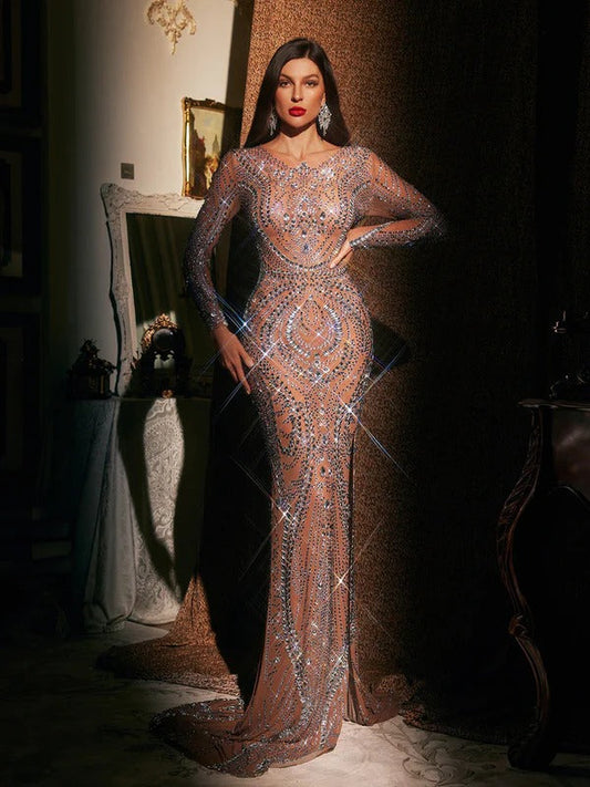 Athoril Long Sleeve Crystal Split Maxi Dress