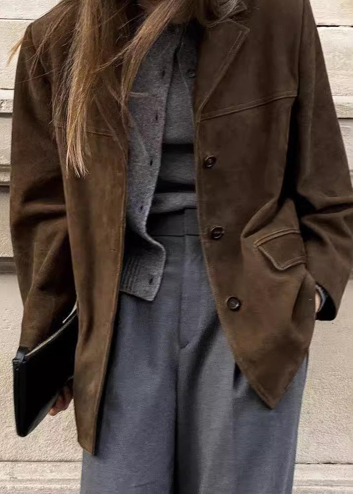 Turn Down Collar Coat Premium Brown Fabric