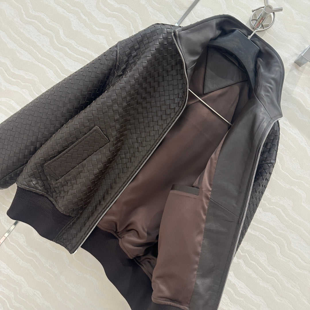 BV Double-Zip Baseball Jacket in Chocolate Lambskin