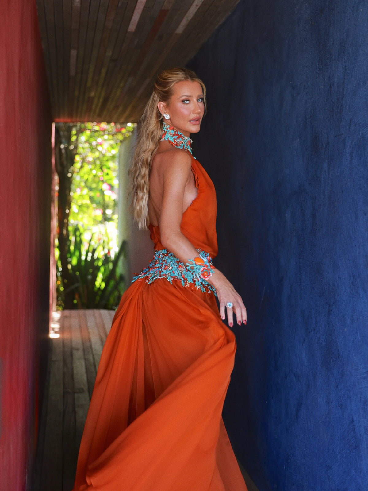 Maraya Halter Beaded Chiffon Maxi Dress In Orange