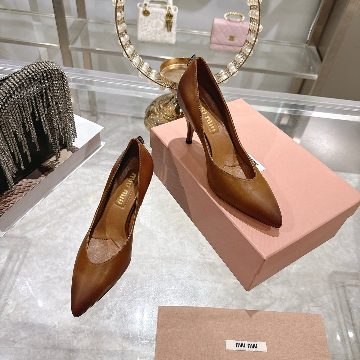 Miu High Heel Pumps Camel Brown Sheepskin 592079