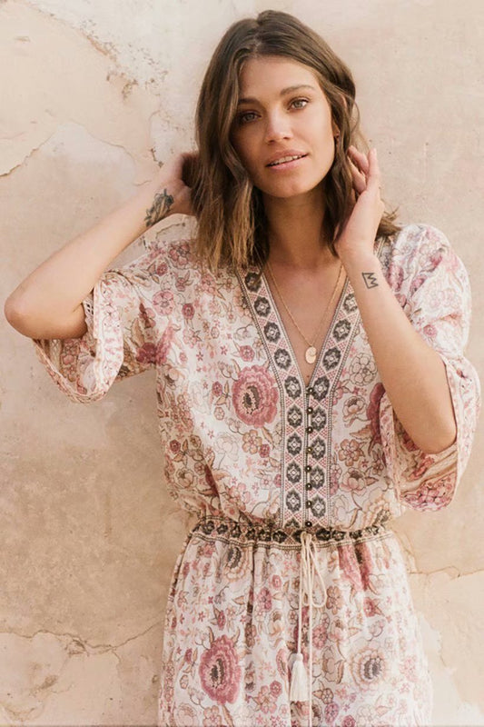 Bohemian V-Neck Retro Floral Wide Leg Jumpsuit