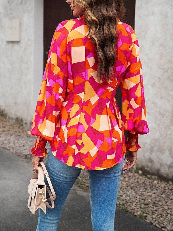 Bishop Sleeve Long Sleeves Buttoned Elasticity Pleated Printed Lapel Blouses&Shirts Tops