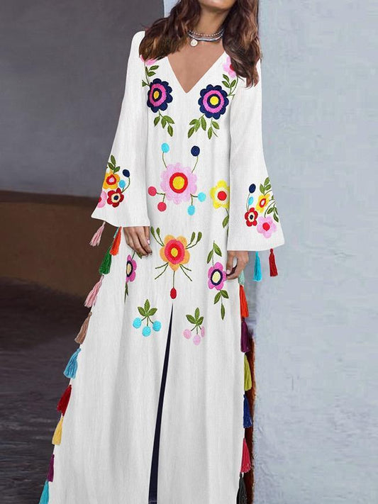 Vintage Print V-Neck Long Dress