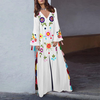 Vintage Print V-Neck Long Dress