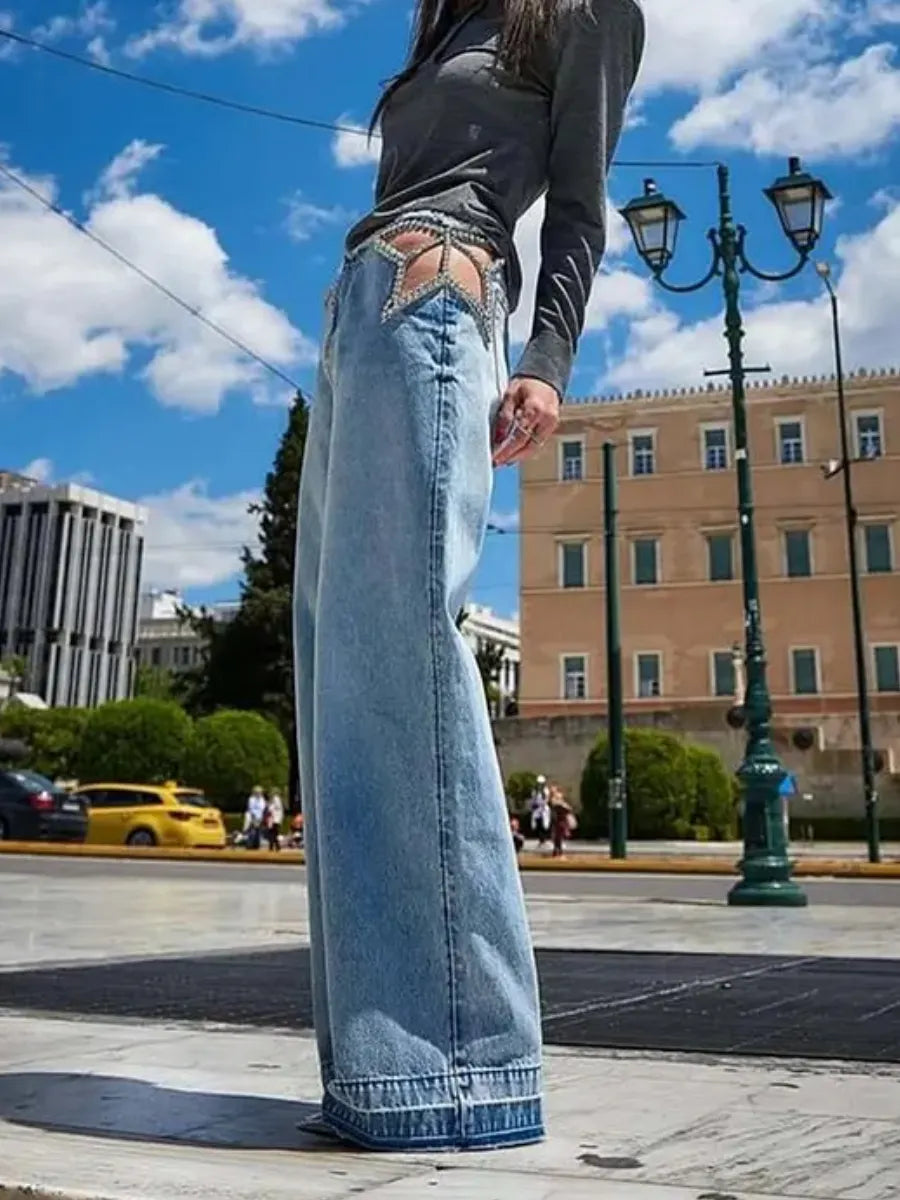 Nicolette Waist Cutout Rhinestone-Embellished Jeans