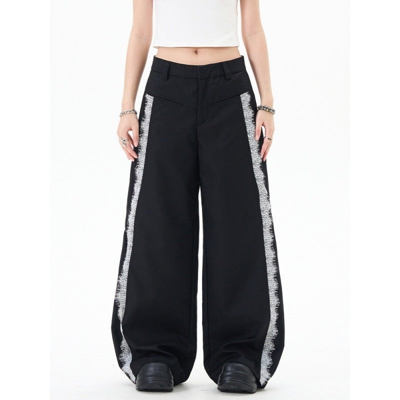 Lace Trimmed Gray Trousers Draped Wide-Leg Longline Style