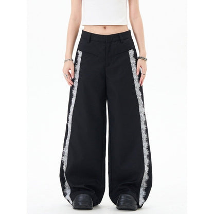 Lace Trimmed Gray Trousers Draped Wide-Leg Longline Style