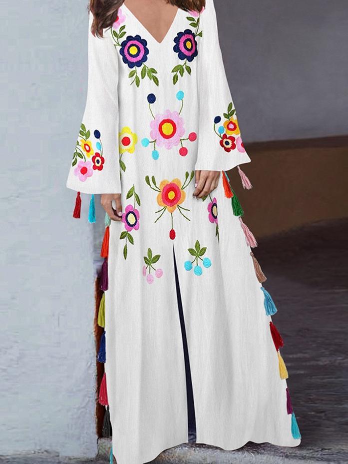 Vintage Print V-Neck Long Dress