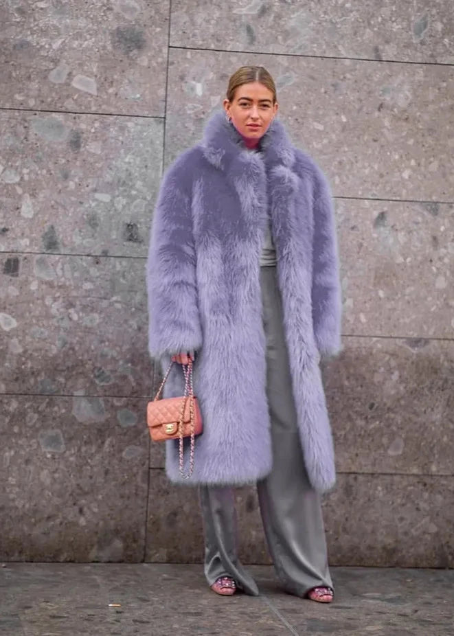 Faux Fur Lapel Coat Violet Longline Style