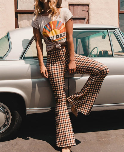 Autumn And Winter Lattice Leisure Micro Bell-Bottom Trousers