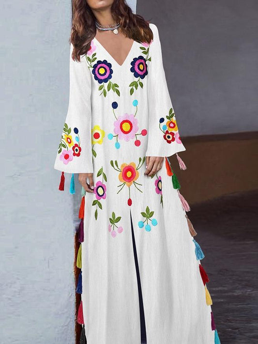 Vintage Print V-Neck Long Dress