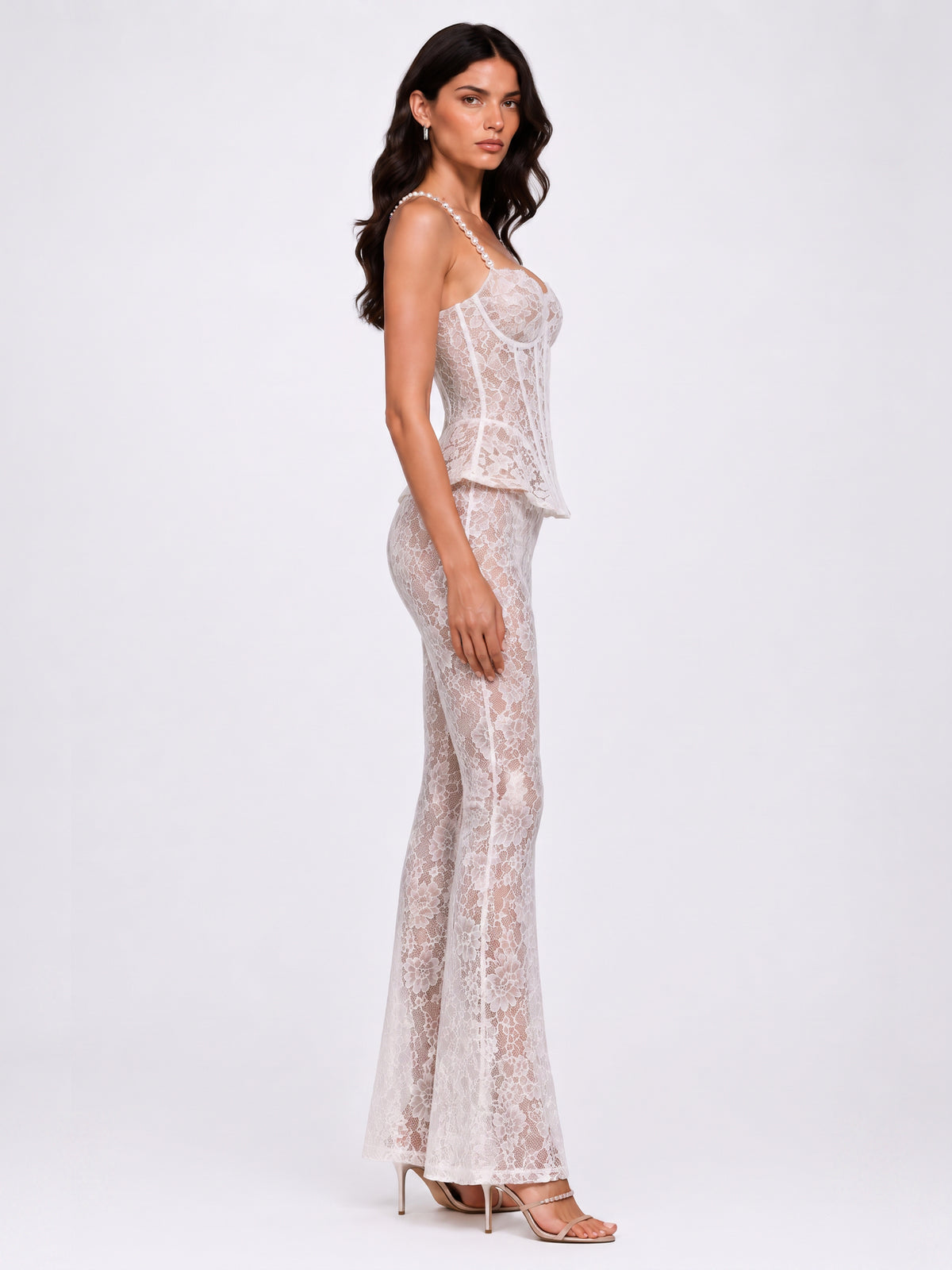 Annabel Lace Embroidery and Pearl-Strap Top with Trousers Set