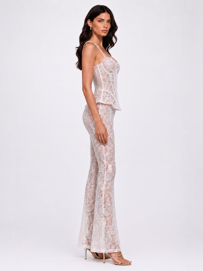 Annabel Lace Embroidery and Pearl-Strap Top with Trousers Set