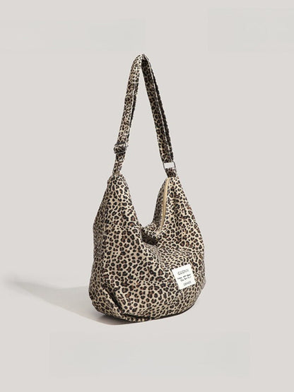 Cosbai - Large Capacity Single-shoulder Canvas Bag with Leopard Print