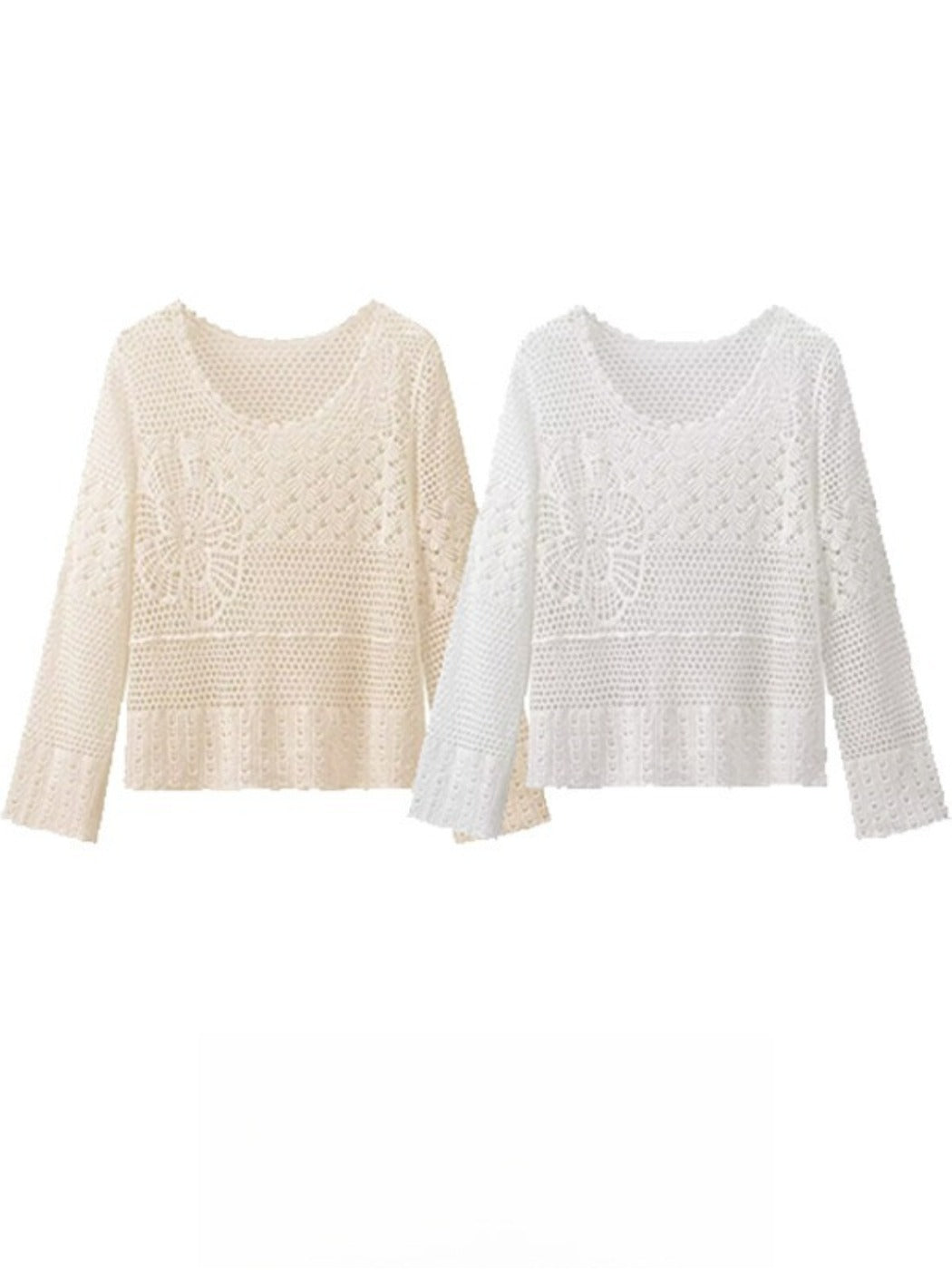 Crosa - Hollow Knitted Round Neck Long-sleeved Top