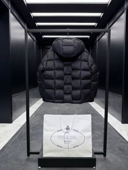 Prada 2025 Quilted Hooded Jacket Black Nylon Down