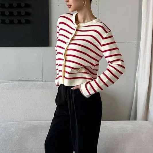 Round Neck Striped Long Sleeve Knit Cardigan