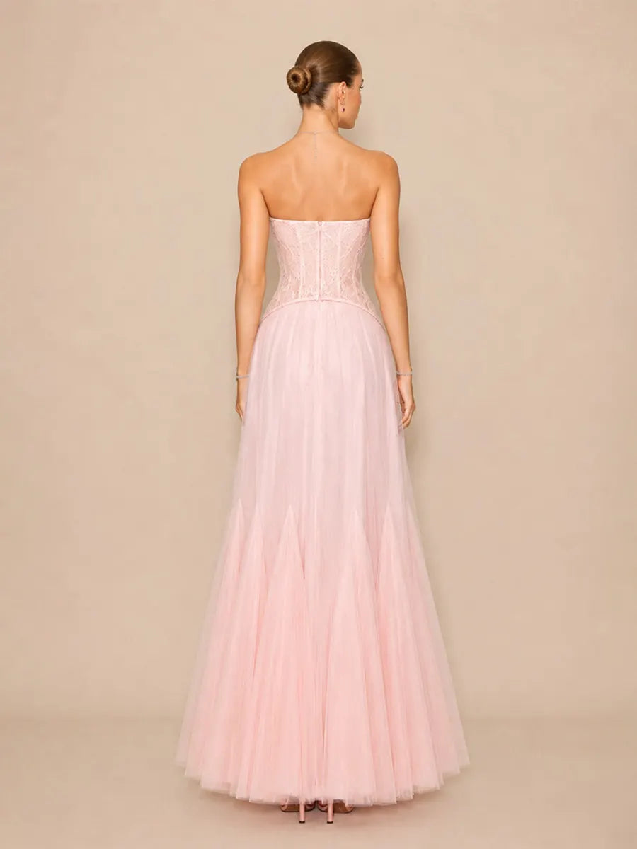 Alaya Romantic Contour Strapless Lace Tulle Maxi Dress