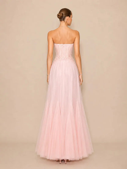Alaya Romantic Contour Strapless Lace Tulle Maxi Dress
