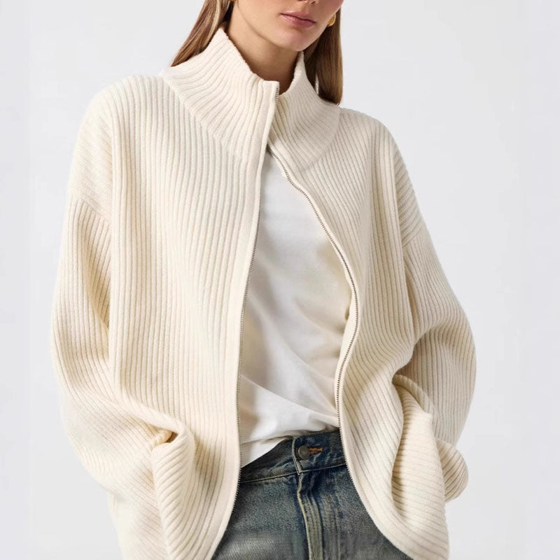 Simple Ribbed Knit Mock Neck Zip Up Cardigan