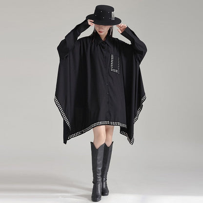 Dark Polyester Loose Paneled Lapel Batwing Sleeve Dress