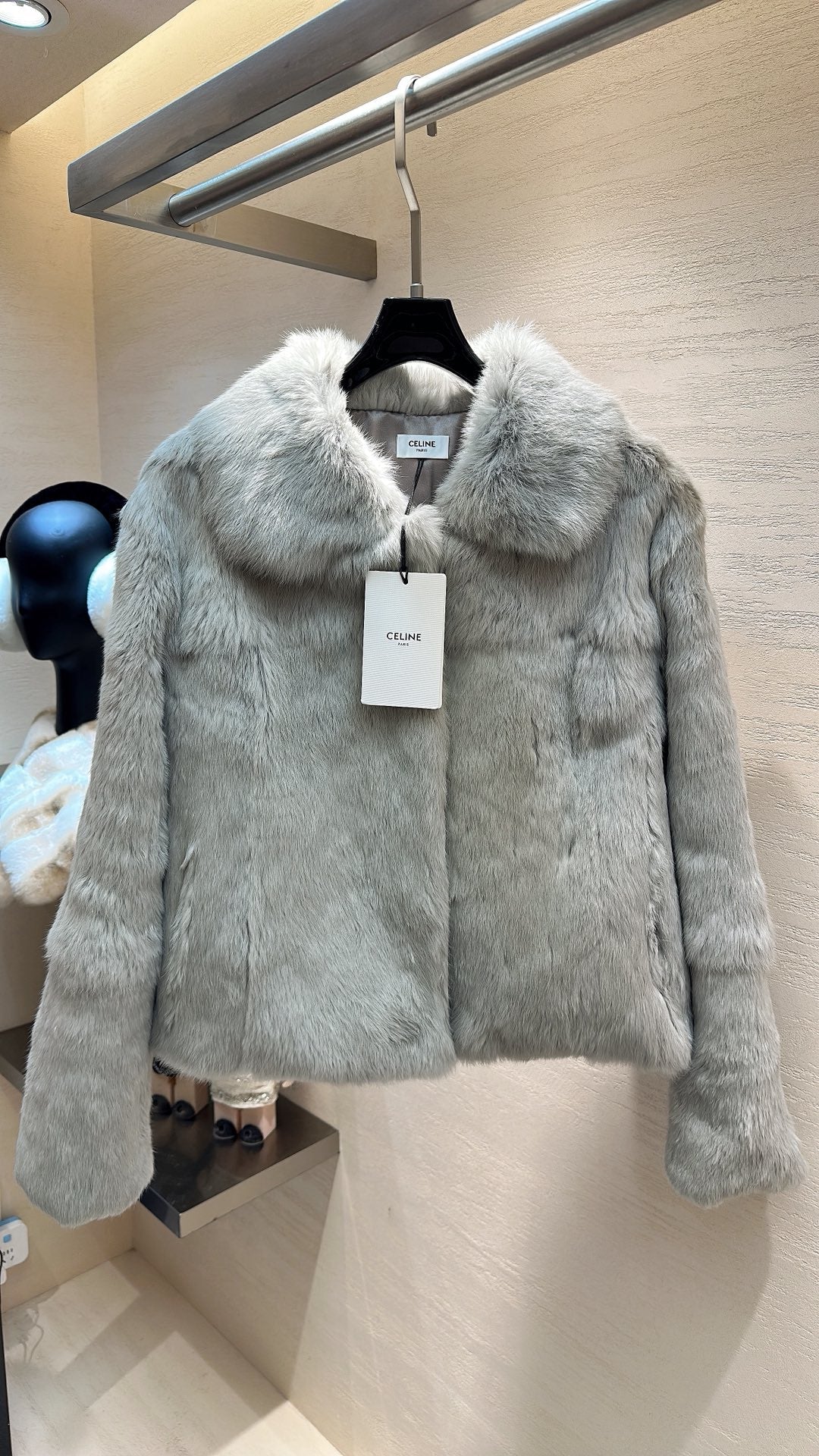 CELINE Rabbit Fur Coat Light Gray 333225