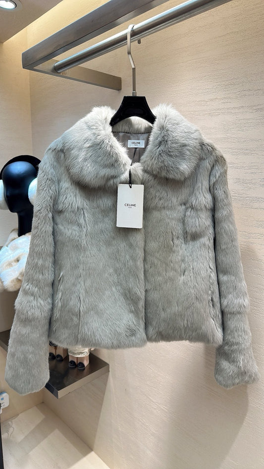 CELINE Rabbit Fur Coat Light Gray 333225