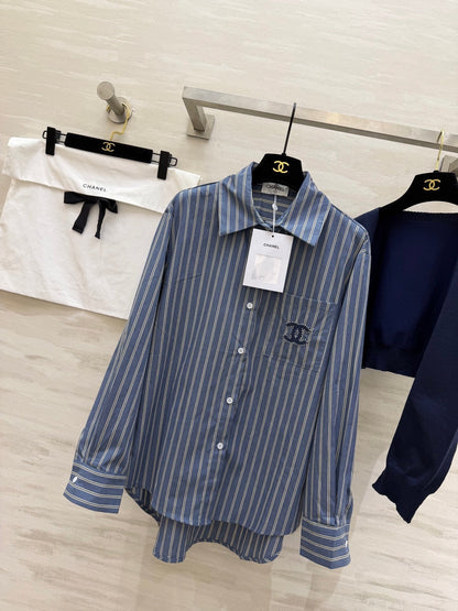 CC Striped Shirt & Knitted Shawl Blue White Cotton 344723