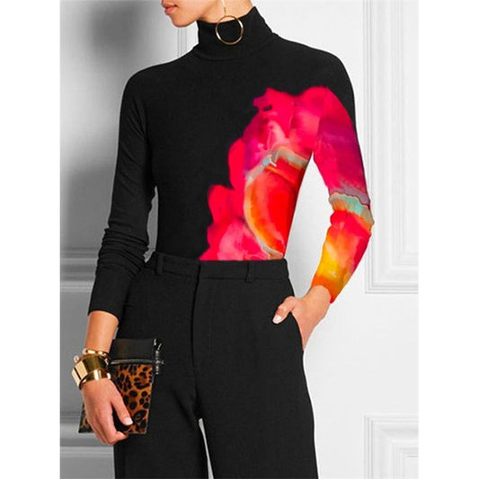 Long Sleeves Skinny Contrast Color Printed High Neck T-shirts