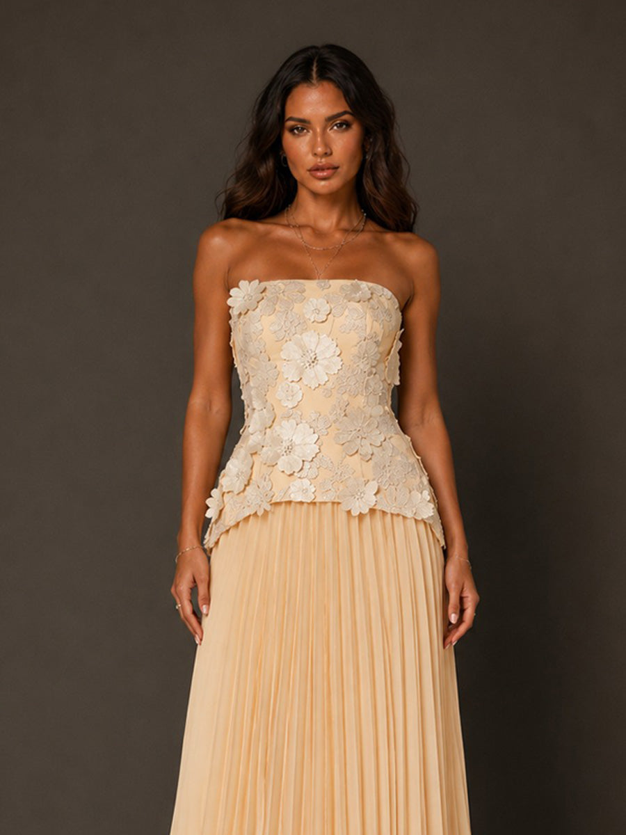 Isla Elegant Floral Strapless Top and Maxi Skirt Two-Piece Set