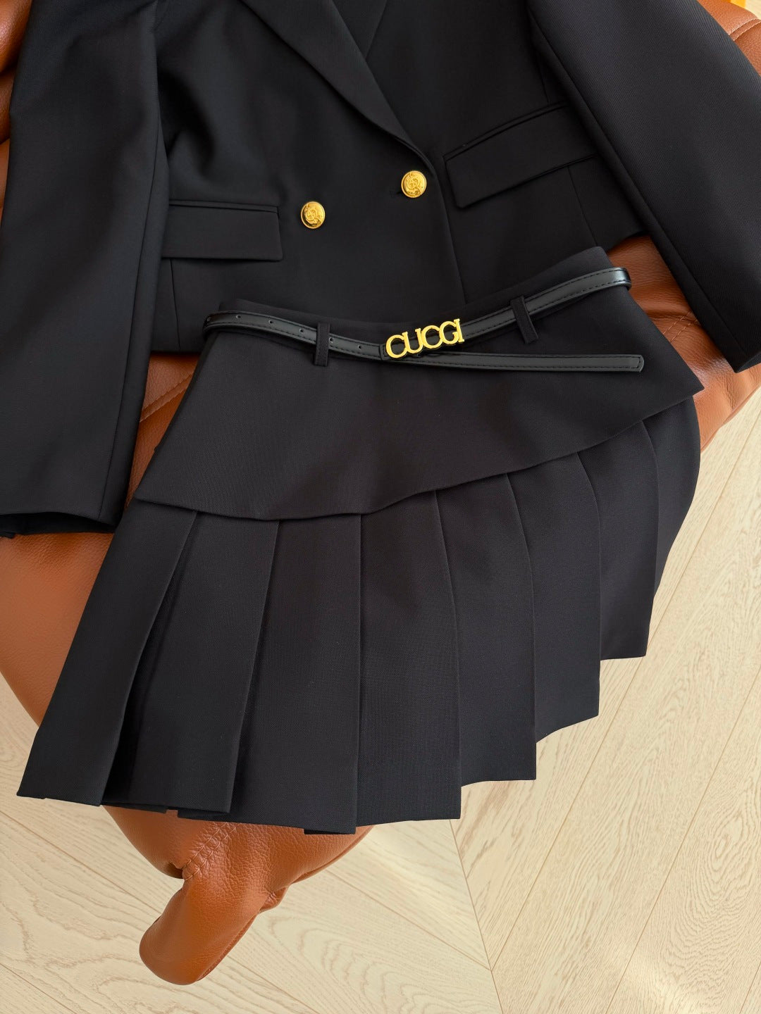 GG SS26Cropped Blazer Pleated Mini Skirt Set Black Cotton 347123
